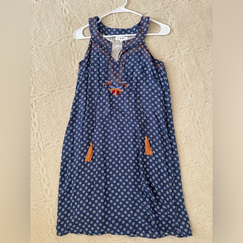 THML printed dress with embroidery neckline and tassel ties